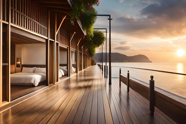 Un balcon avec vue sur l'océan et un lit sur le pont.