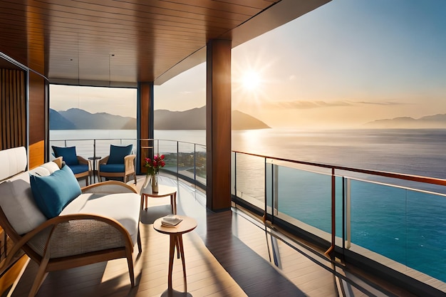 Un balcon avec vue sur l'océan et les montagnes