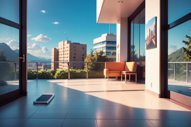 Un balcon avec vue sur la ville et un radiateur.