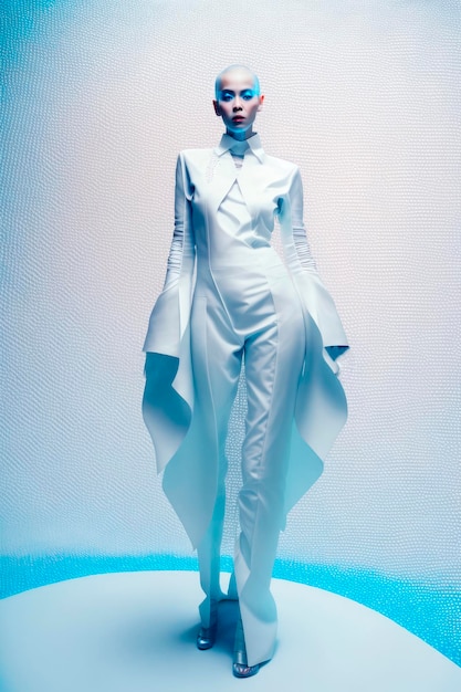 Bald Beauty Radiant Catwalk Strut en costume blanc avec éclairage bleu