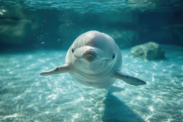 Une baleine beluga élégante et enjouée glisse gracieusement à travers l'eau