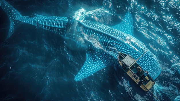 Photo une baleine bleue et blanche nage dans l'océan.