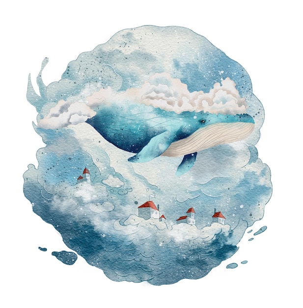 La baleine bleue volant dans les nuages illustration de fantaisie à l'aquarelle isolée sur blanc