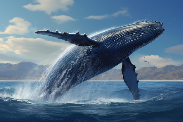 Baleine à bosse dans l'océan 3D Renderisation d'une prise de vue photoréaliste d'une baleine bleue atteignant la surface de l'océan