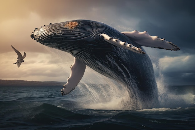 Baleine à bosse dans l'océan Rendu 3D Sauter une baleine à bosse au-dessus de l'eau générée par l'IA