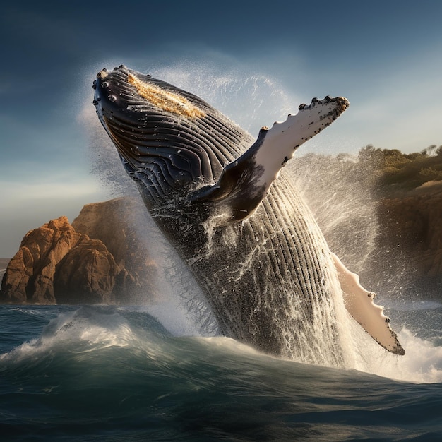 Une baleine à bosse sautant de l'eau.