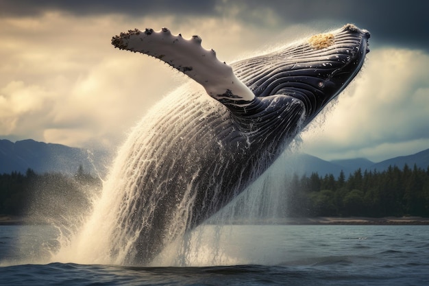 La baleine à bosse sort de l'eau en Alaska La baleine heureuse pénètre dans l'IA générée