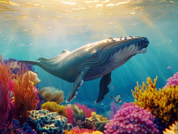 La baleine, une créature des profondeurs, immense et majestueuse, nage gracieusement parmi les récifs coralliens colorés.