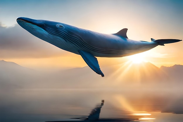 Une baleine dans le ciel avec le soleil derrière elle