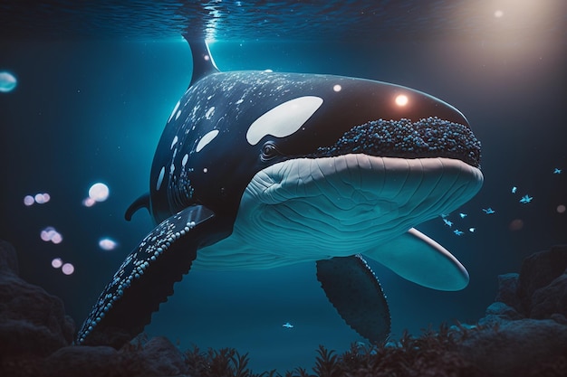 Une baleine dans l'eau avec un fond bleu