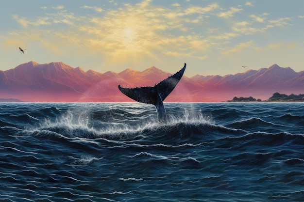 Photo baleine dans l'océan au coucher du soleil illustration de rendu 3d paysage marin avec queue de baleine générée par l'ia