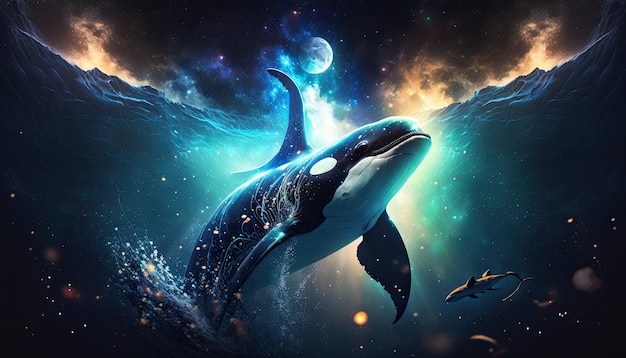 Baleine de l'espace dans l'espace créature divine crainte cosmique inspirant illustration numérique rêveuse ai générative