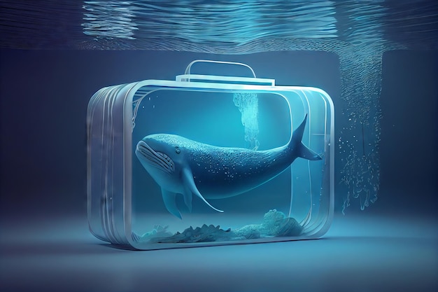 Baleine à l'intérieur d'une valise dans la mer d'un bleu profond Generative AI