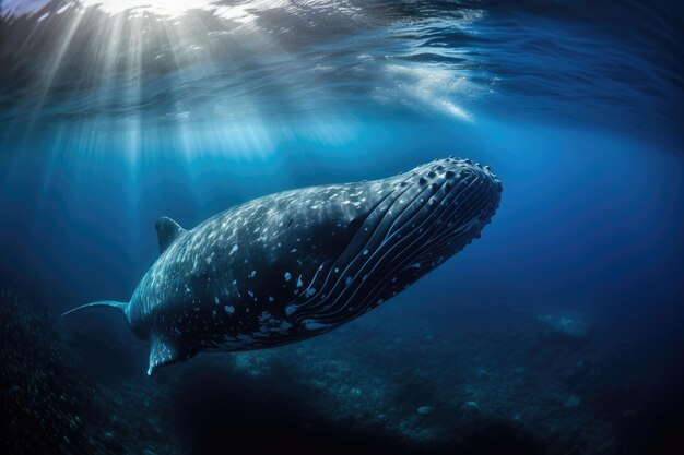 Une baleine majestueuse émerge au milieu de coraux colorés.