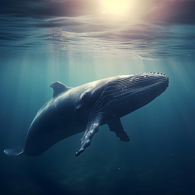 Une baleine nage sous l'eau avec le soleil qui brille dessus.