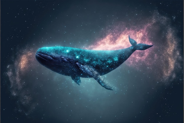 Baleine nageant parmi l'art abstrait fantastique dans l'espace parmi les particules étoilées