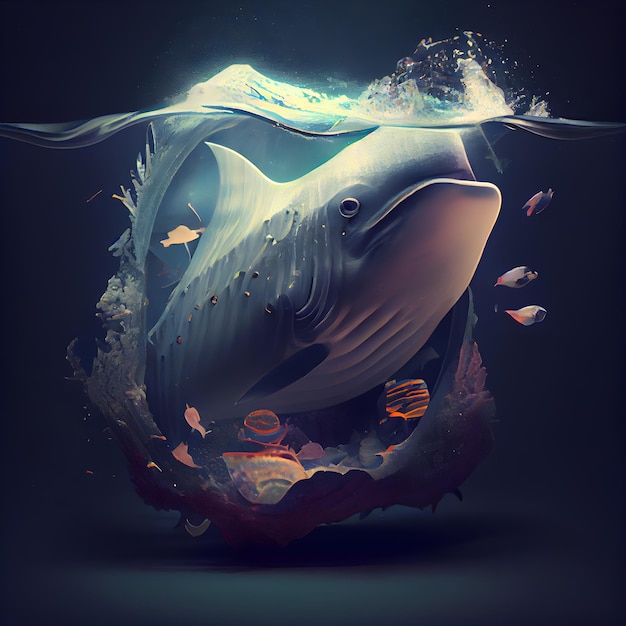 Baleine nageant sous l'eau avec des poissons dans l'illustration 3d de l'océan
