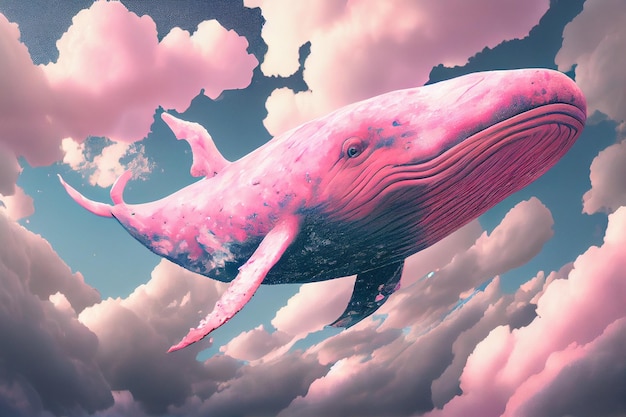 Photo baleine rose volant dans le ciel generative ai