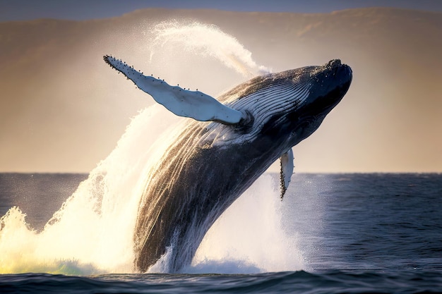 Baleine sautant hors de l'eau avec son dos avec des éclaboussures