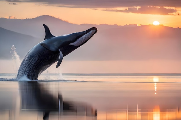 Une baleine saute hors de l'eau au coucher du soleil