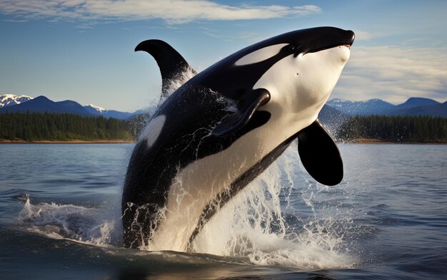 une baleine tueuse nage dans un lac avec des montagnes en arrière-plan