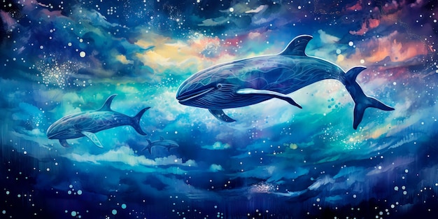 Des baleines aquarelles ornées de motifs célestes nagent à travers une mer cosmique remplie de poussière d'étoiles et de constellations.