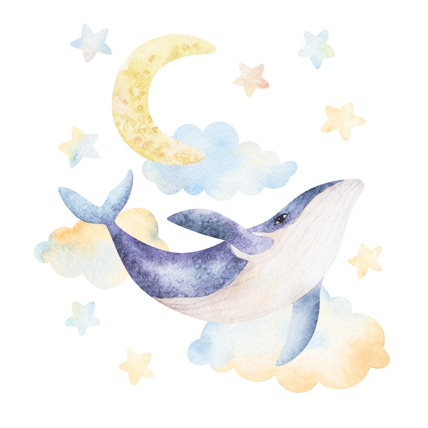 baleines, nuages, lune, étoiles, aquarelle, animaux mer, illustration