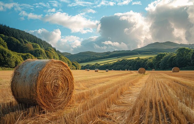 Bales de foin sur le champ après la récolte paysage rural