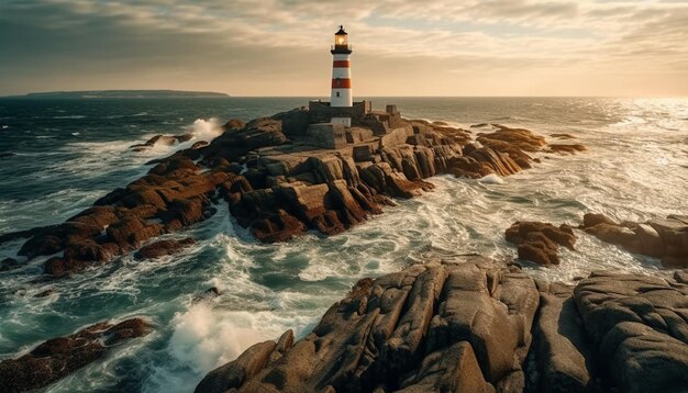 La balise lumineuse guide les marins à travers les eaux dangereuses au crépuscule générées par l'IA