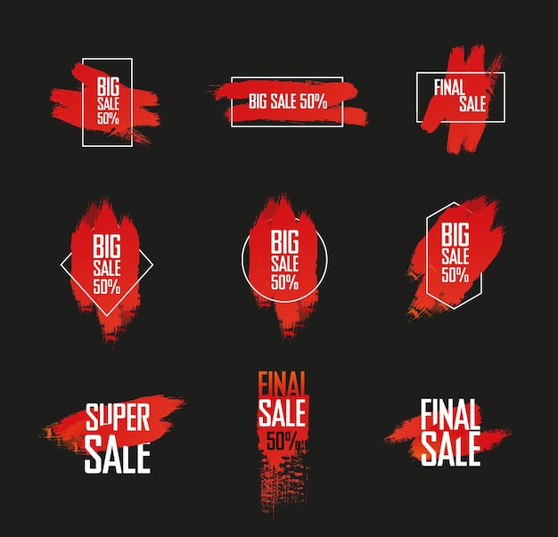 Balise vectorielle avec coups de pinceau rouge efface les éléments géométriques pour une grande vente sur fond noir