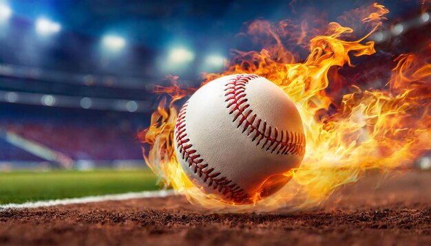 Une balle de baseball chaude et ardente frappée avec de la puissance Flamme orange Sport professionnel actif Arène floue