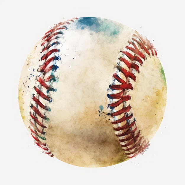 Une balle de baseball avec des coutures rouges et bleues et une balle blanche.