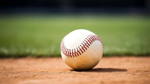Une balle de baseball en cuir blanc posée sur le monticule du lanceur sur un terrain de baseball avec espace de copie