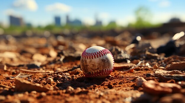 une balle de baseball dans la terre avec la base au point