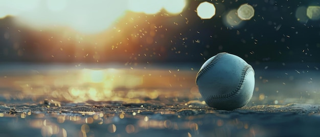 Une balle de baseball est assise sur un sol mouillé étincelant avec un coucher de soleil de 39 ans de teintes dorées reflétant l'eau stagnante