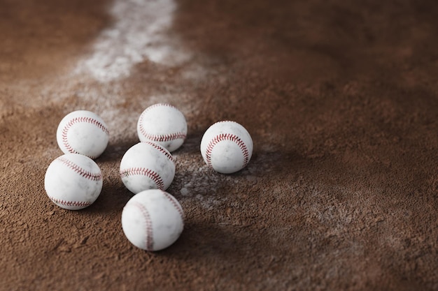 Balle de baseball et poudre sur un terrain de baseball rendu 3d