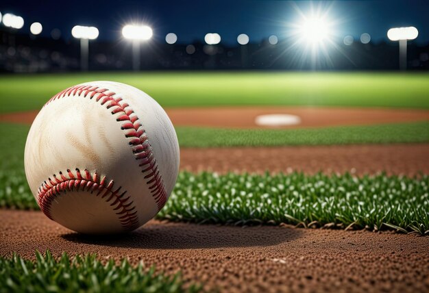 Une balle de baseball repose sur le vert vibrant d'un terrain de baseball prête pour le début du match