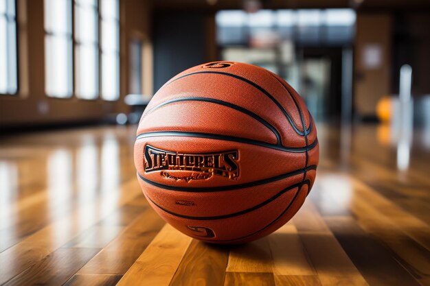 La balle de basket-ball est posée sur un terrain de bois sombre.