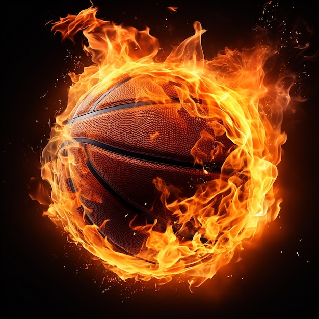 Photo balle de basket volant dans les flammes réaliste