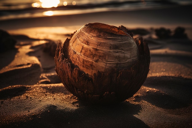 une balle en bois perchée au sommet de la plage de sable