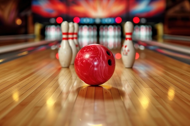 Une balle de bowling rouge sur le point de frapper des épingles au bout d'une allée