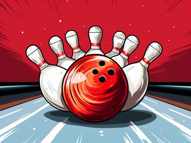 une balle de bowling s'écrasant contre les épingles d'une piste de bowling