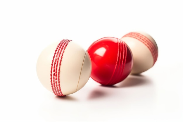 Balle de cricket et bails balle rouge sur fond blanc IA générative