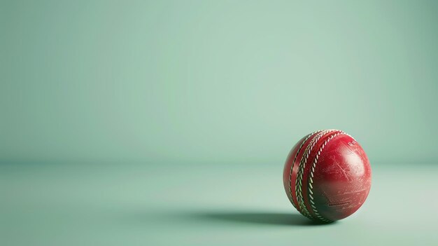 Photo une balle de cricket en cuir rouge avec une couture verte est posée sur une surface verte. la balle est vieille et éraflée et le cuir est fissuré et pelé.