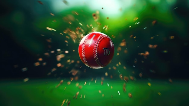 Balle de cricket en gros plan d'action de cricket dynamique en vol