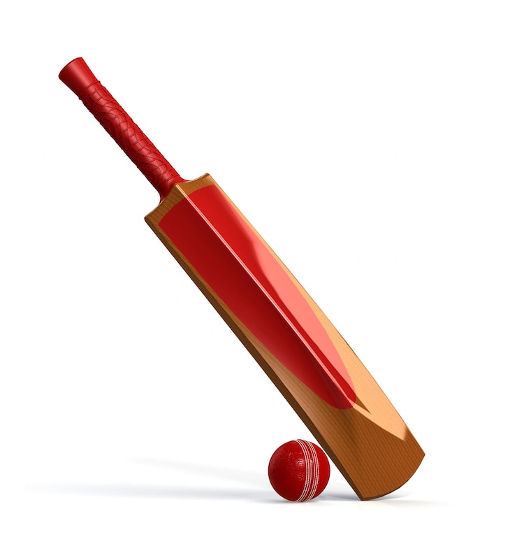 Photo balle de cricket rouge et batte en bois isolated on white
