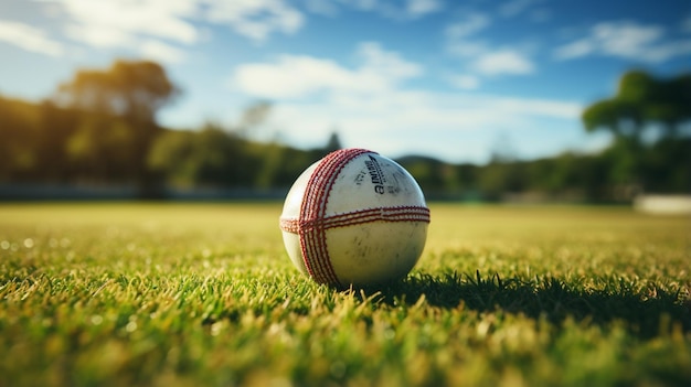 Balle de cricket sur le terrain d'herbe verte