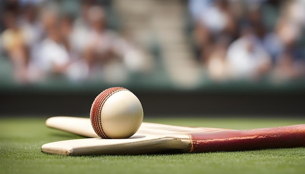 balle de cuir de cricket reposant sur la batte sur le terrain du stade