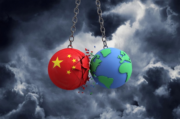 La balle du drapeau de la chine s'écrase sur l'impact global de la planète terre et le concept de catastrophe d render