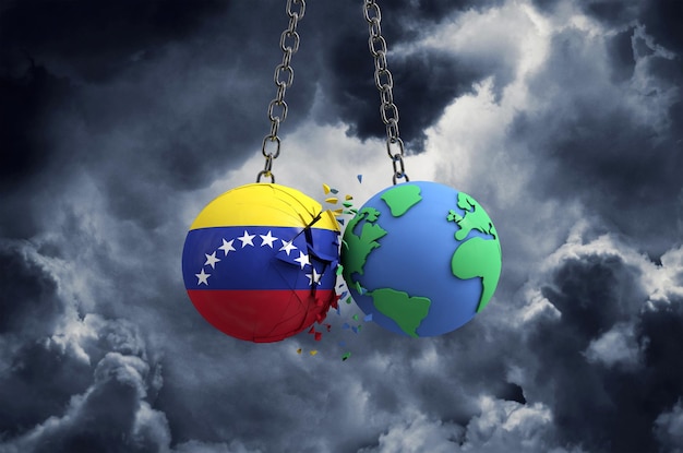 La balle du drapeau du Venezuela s'écrase sur l'impact global de la planète Terre et le concept de catastrophe d rend